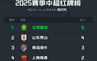 中超上段紅牌榜：國(guó)安領(lǐng)跑5張，山東次之4張，海牛第三。